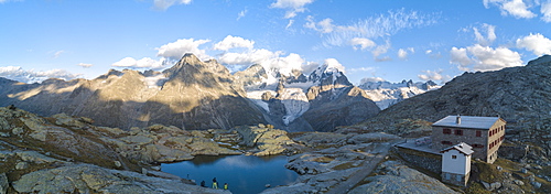 Panoramic of Bernina massif and Roseg Valley from Fuorcla Surlej, Engadine, Canton of Graubunden, Swiss Alps, Switzerland, Europe