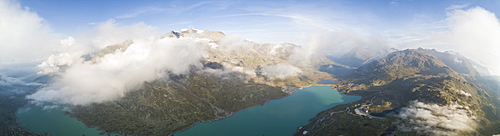 Panoramic of mountain peaks and Lago Bianco, Bernina Pass, Poschiavo Valley, Engadine, Canton of Graubunden, Switzerland, Europe (Drone)