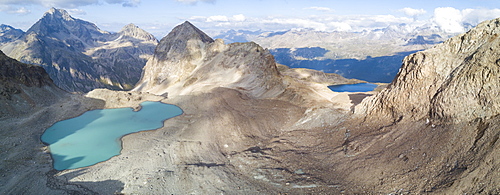 Panoramic of Lej Lagrev seen from drone, Silvaplana, Engadine, Canton of Graubunden, Switzerland, Europe (Drone)