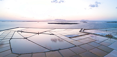 Aerial view of Saline dello Stagnone at sunset, Marsala, province of Trapani, Sicily, Italy, Mediterranean, Europe (Drone)