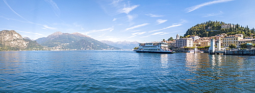 Panoramic aerial view of ferry boat at Bellagio on the shore of Lake Como, Province of Como, Lombardy, Italian Lakes, Italy, Europe (Drone)