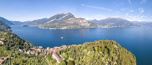 Panoramic aerial view of Bellagio on green promontory on the shore of Lake Como, Province of Como, Lombardy, Italian Lakes, Italy, Europe (Drone)