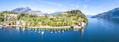 Panoramic aerial view of sailboats in Lake Como around the village of Pescallo, Bellagio, Province of Como, Lombardy, Italian Lakes, Italy, Europe (Drone)