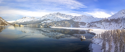 Aerial panoramic view of Lake Sils and Plaun da Lej during winter, Maloja Region, Canton of Graubunden, Engadine, Switzerland, Europe (Drone)