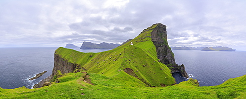 Panoramic of Kallur Lighthouse on cliffs, Kalsoy Island, Faroe Islands, Denmark, Europe