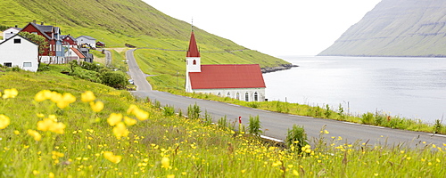 Panoramic of the traditional village of Husar, Kalsoy Island, Faroe Islands, Denmark, Europe