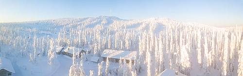 Elevated panoramic view of huts in the snow covered woods, Pallas-Yllastunturi National Park, Muonio, Lapland, Finland, Europe