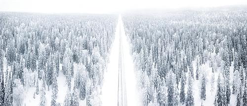 Elevated panoramic view of road along the snow covered forest, Pallas-Yllastunturi National Park, Muonio, Lapland, Finland, Europe