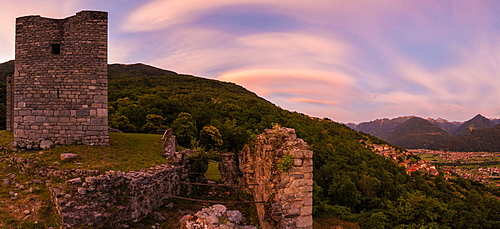 Panoramic of Castello di Domofole at sunset, Costiera dei Cech, Mello, Sondrio province, Lower Valtellina, Lombardy, Italy, Europe