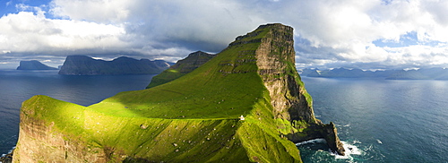 Aerial panoramic of Kallur lighthouse, Kalsoy island, Faroe Islands, Denmark, Europe