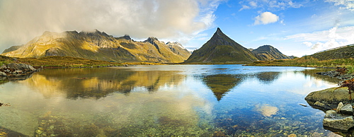 Volanstinden mountain above fjord in Fredvang, Lofoten Islands, Norway, Europe