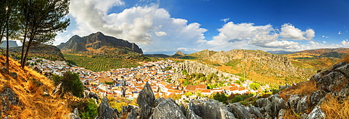 Panorama of white town of Montejaque by mountains in Serrania de Ronda, Spain, Europe