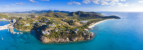 Aerial panoramic by drone of Caribbean Sea surrounding Deep Bay and Galley Bay, Antigua, Leeward Islands, West Indies, Caribbean, Central America