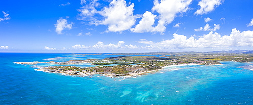 Aerial panoramicby drone of Long Bay, Devil's Bridge and The Verandah resort, Antigua, Antigua and Barbuda, Leeward Islands, West Indies, Caribbean, Central America