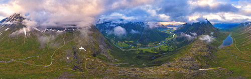 Aerial panoramic of Romsdalen and Venjesdalen mountains from Romsdalseggen Ridge, Andalsnes, More og Romsdal county, Norway, Scandinavia, Europe