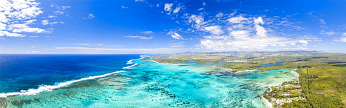 Turquoise coral reef meeting the waves of the Indian Ocean, aerial view, Poste Lafayette, East coast, Mauritius, Indian Ocean, Africa