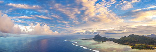 Sunrise over Le Morne and coral reef in the turquoise lagoon, aerial view by drone, Baie Du Cap, South Mauritius, Indian Ocean, Africa