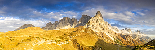 Aerial panoramic of Cimon della Pala during the autumn sunset, Pale di San Martino, Rolle Pass, Dolomites, Trentino, Italy, Europe