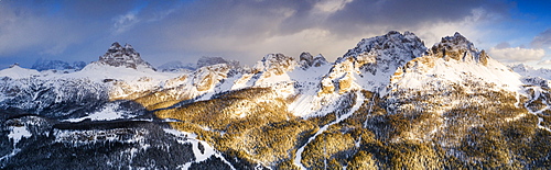 Panoramic by drone of Cadini di Misurina peaks and Tre Cime di Lavaredo at sunset, Dolomites, Auronzo di Cadore, Veneto, Italy, Europe