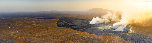 Panoramic of sunset over the fumarole of Erta Ale volcano, Danakil Depression, Afar Region, Ethiopia, Africa