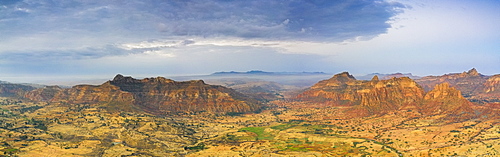 Aerial panoramic by drone of Gheralta Mountains and Dugem, Tigray Region, Ethiopia, Africa