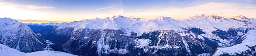 Snowy peaks of Valle Spluga at sunset, aerial view, Valchiavenna, Valtellina, Lombardy, Italy, Europe