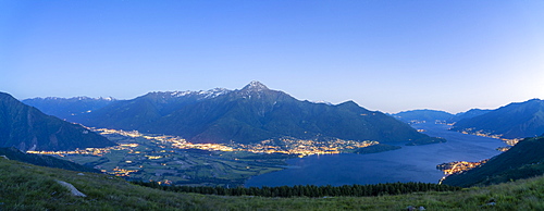 Panoramic of dusk over Lake Como, Alto Lario and lower Valtellina, Lombardy, Italian Lakes, Italy, Europe