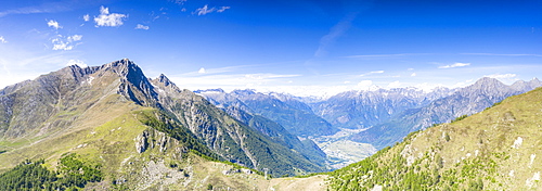 Aerial panoramic of Valchiavenna seen from Monte Berlinghera, Sondrio province, Valtellina, Lombardy, Italy, Europe