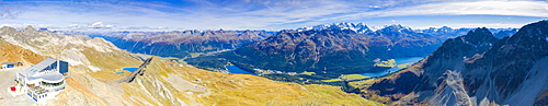 Aerial panoramic by drone of Piz Nair with lakes of St. Moritz and Silvaplana in the background, Engadine, Graubunden, Switzerland, Europe