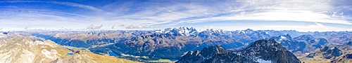 Panoramic aerial view of Piz Julier, Piz Albana and St. Moritz in the background, Engadine, canton of Graubunden, Switzerland, Europe