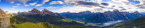 Aerial panoramic of Tofane, Monte Cristallo, Sorapiss and Antelao, Ampezzo Dolomites, Belluno province, Veneto, Italy, Europe