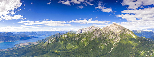 Aerial view of Grigne mountains with Abbadia Lariana and Mandello Del Lario in the background, Lake Como, Lecco, Lombardy, Italy, Europe