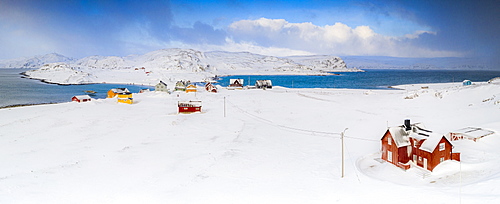 Traditional wood houses in the snowy landscape, Veines, Kongsfjord, Varanger Peninsula, Troms Og Finnmark, Norway, Scandinavia, Europe