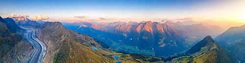 Panoramic of Aletsch Glacier, Bettmeralp and Riederalp at sunset, Bernese Alps, Valais canton, Switzerland