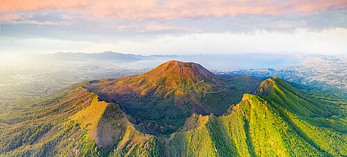 Aerial panoramic of Vesuvius volcano at sunrise, Naples, Campania, Italy, Europe