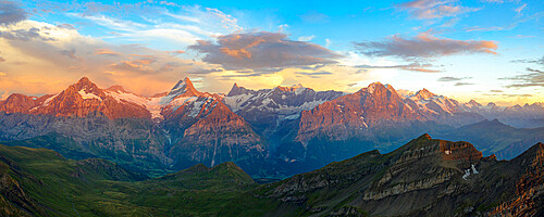 Aerial view of Wetterhorn, Schreckhorn, Finsteraarhorn, Eiger, Monch, Jungfrau mountains at sunset, Bernese Oberland, Switzerland, Europe