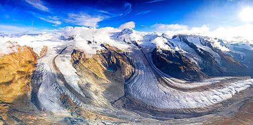 Sunny clear sky over Gorner Glacier (Gornergletscher), aerial view, Zermatt, canton of Valais, Switzerland, Europe