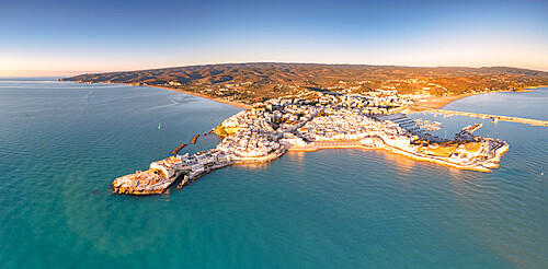 Aerial view of Vieste at sunrise in summer, Foggia province, Gargano National Park, Apulia, Italy, Europe