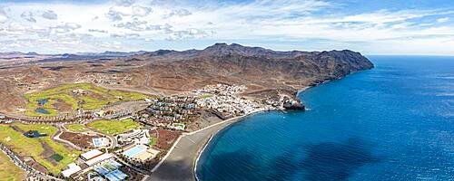 Volcanic beach of the tourist seaside town of Las Playitas, aerial view, Fuerteventura, Canary Islands, Spain, Atlantic, Europe