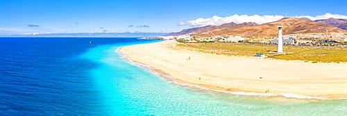 Aerial view of the white sand beach and lighthouse of Morro Jable, Fuerteventura, Canary Islands, Spain, Atlantic, Europe