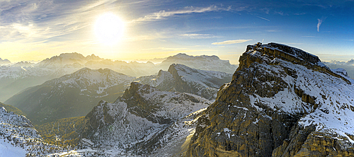 Aerial view of sunset over Mount Lagazuoi in autumn, Fanis Group, Dolomites, Belluno province, Veneto, Italy, Europe