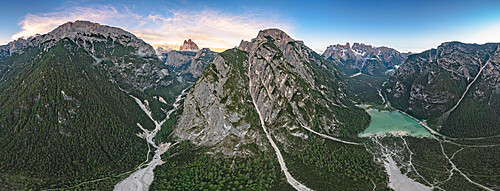 Aerial view of Tre Cime Di Lavaredo, Lake Landro and Monte Cristallo at sunset, Dolomites, South Tyrol, Italy, Europe