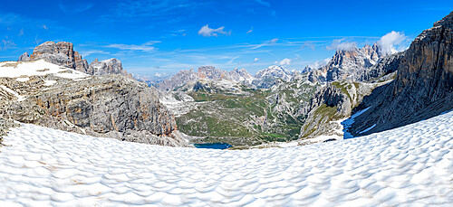 Panoramic of Forcella Dei Laghi mountain path leading to Rifugio Locatelli hut in summer, Sesto Dolomites, South Tyrol, Italy, Europe