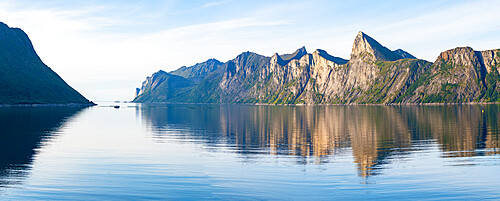 Majestic mountains Segla and Hesten along the unspoiled waters of Mefjord, Senja, Troms county, Norway, Scandinavia, Europe