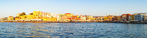 Panoramic of Chania old town and harbour at sunset, Crete island, Greek Islands, Greece, Europe