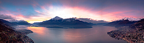 Aerial panoramic view of Gravedona and Domaso towns on shores of Lake Como at sunrise, province of Como, Lombardy, Italian Lakes, Italy, Europe