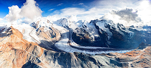 Aerial panoramic view of Gorner Glacier, Lyskamm, Monte Rosa, Castor and Pollux mountains, Zermatt, Valais, Swiss Alps, Switzerland, Europe