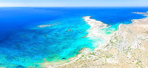 Aerial view of the exotic Elafonisi beach set along an island lagoon, Crete island, Greek Islands, Greece, Europe