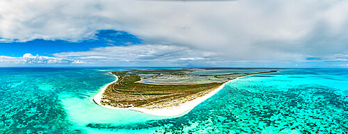 Aerial view of coral reef in the crystal clear sea and tropical lagoon, 11 Mile Beach, Barbuda, Antigua and Barbuda, West Indies, Caribbean, Central America