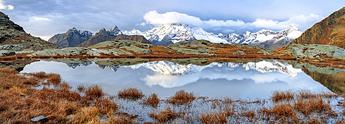 Panoramic of Monte Disgrazia covered with snow in autumn, Alpe Fora, Valmalenco, Valtellina, Sondrio province, Lombardy, Italy, Europe